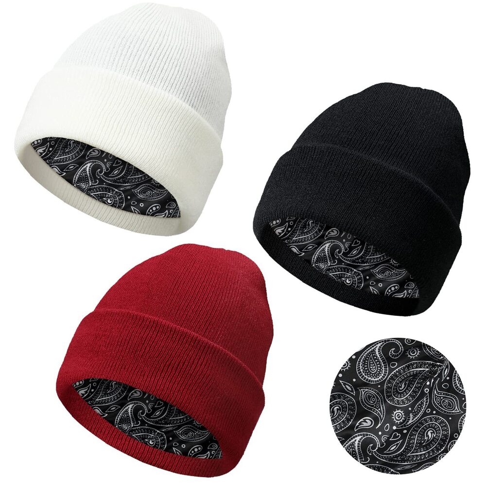 1303 3 Pcs Winter Satin Lined Beanie Hat Warm Cap Cuffed Plain Satin Hat
